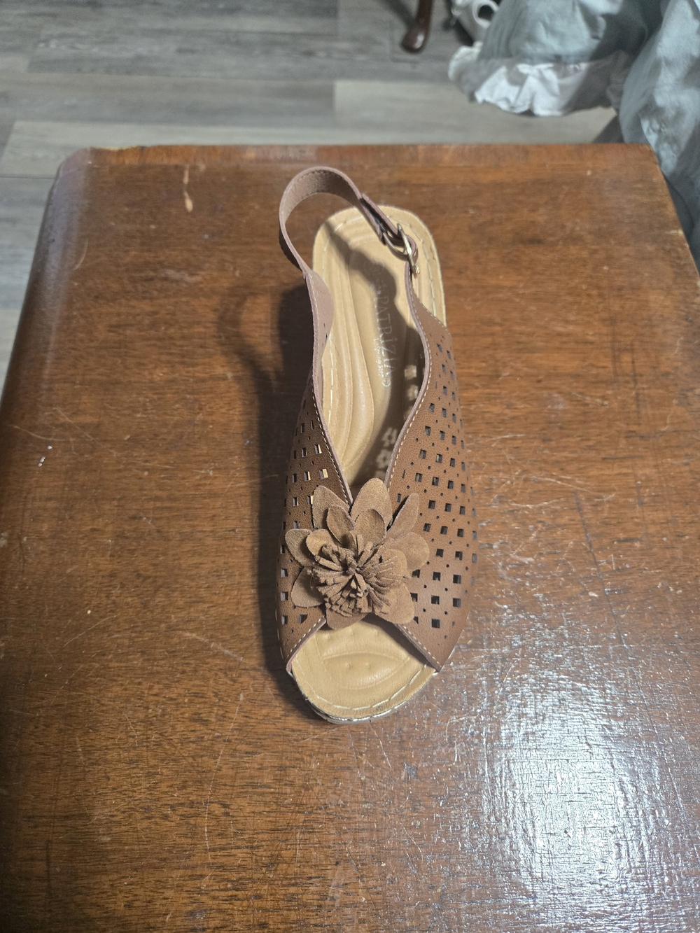 Patrizia Pepe Tan Brown Perforated Slingback Sandal with Floral Accent